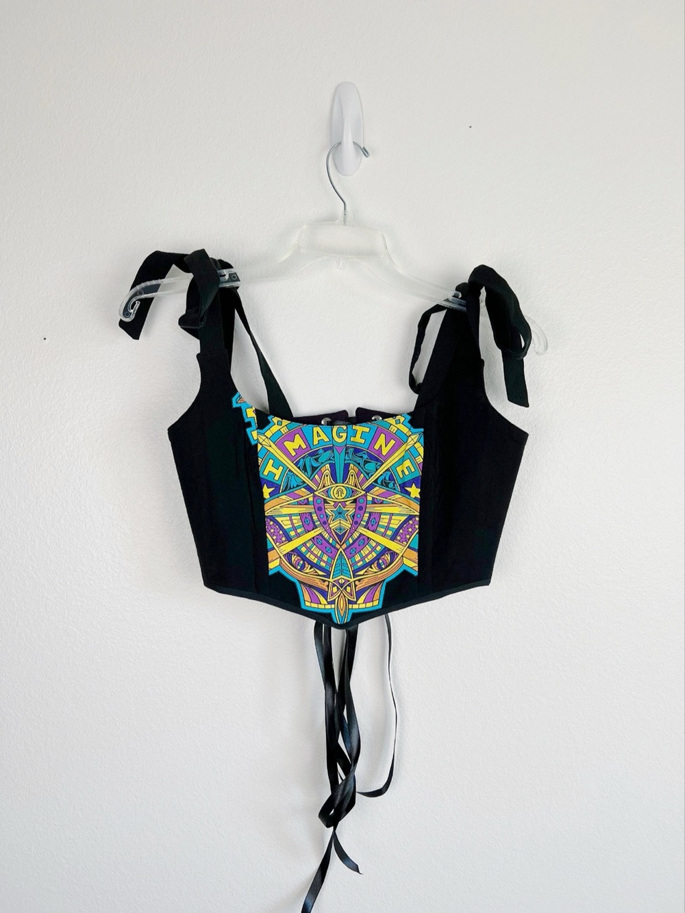 Handmade Black Psychedelic Mandala Graphic Corset Top OOAK